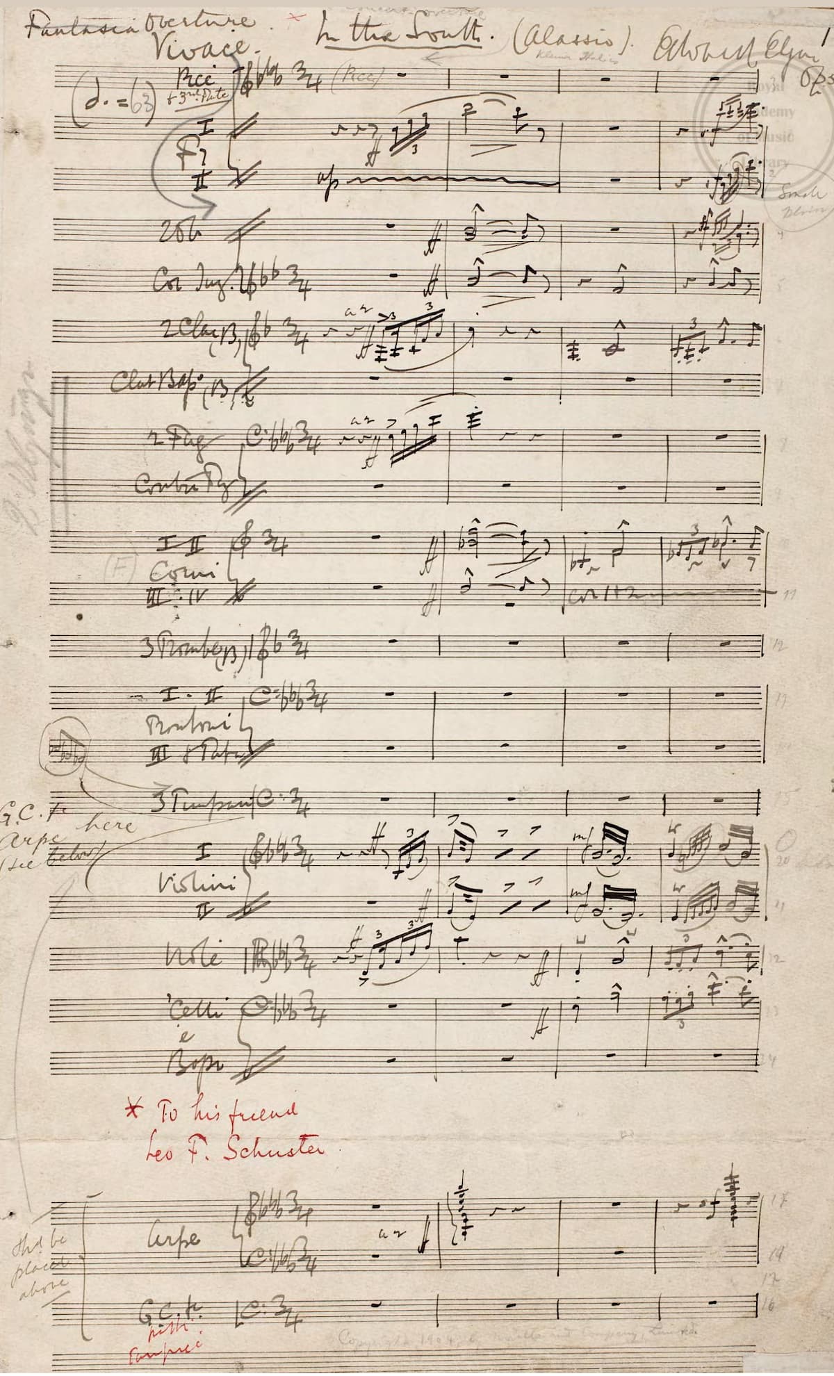 Opening of Elgar’s manuscript for In the South, 1904 (Royal Academy of Music)