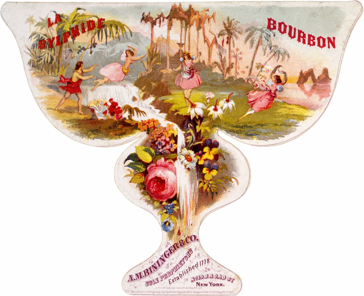 La Sylphide Bourbon, A.M. Bininger & Co. Bourbon advertising label in the shape of a glass showing a man pursuing three sylphs