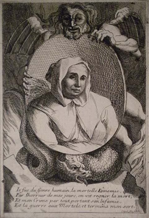 Catherine Deshayes, "La Voisin", 17th-century print of her portrait held by a winged devil