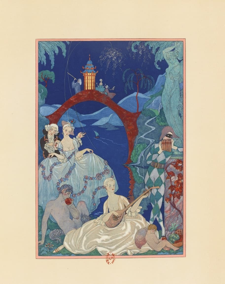 George Barbier: Claire de lune from Verlaine’s Fêtes galantes, 1928 (Gallica:ark:/12148/bpt6k15213572)