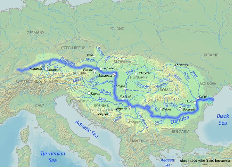 The Danube River’s route from Germany to the sea