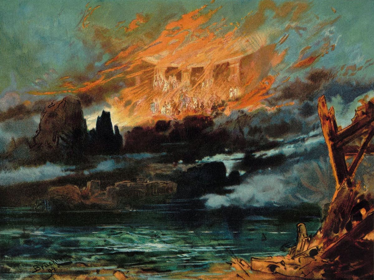 Reproduction of the set design by Max Brückner of the final scene from Richard Wagner's Götterdämmerung, showing Valhalla on fire