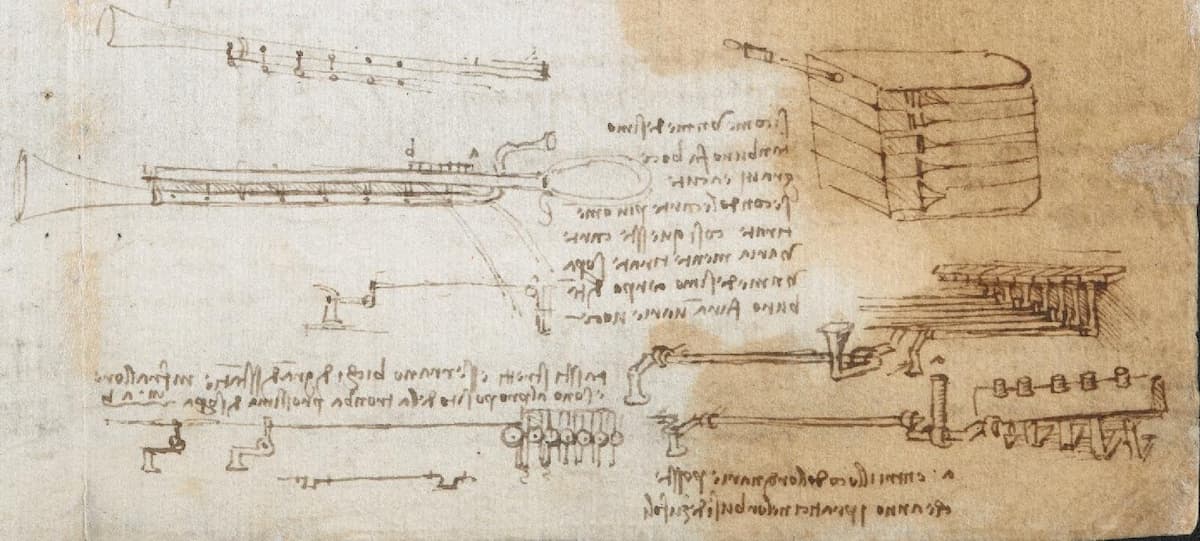 Leonardo da Vinci’s diagrams of a trumpet with holes and key, ca. 1480-1518 (Arundel MS 263, f. 175r, detail)