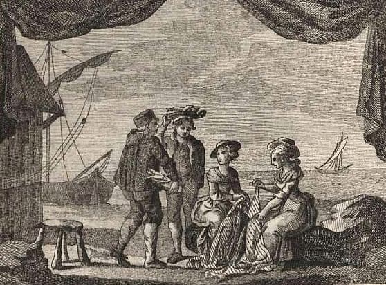 Illustration of Act 1, Scene 1 of Carlo Goldoni's Le pescatrici from Carlo Goldoni, le opere teatrali, Vol. XLIV p. 235, published in Venice by Antonio Zatta, 1795.