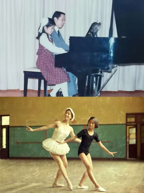 Vivian Li playing duet with her dad; bottom: Vivian Li taking ballet with her mom