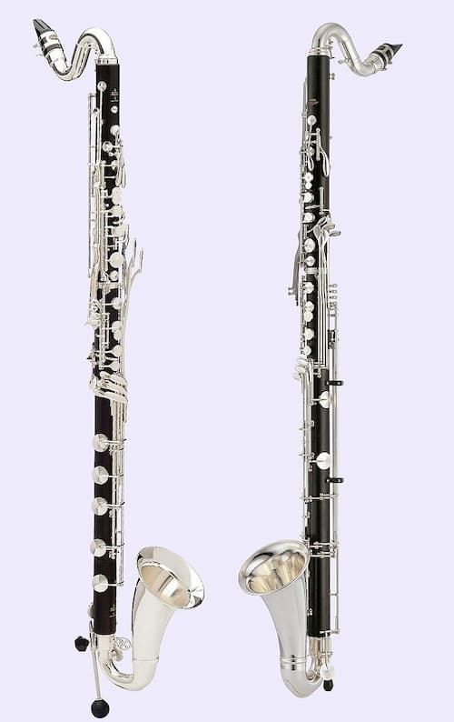 Bass clarinets made by Buffet Crampon (left) and Yamaha (right)