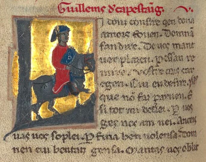 Miniature of Guillem de Cabestany / Guillaume de Cabestanh, 13th century (Gallica: BnF ms. 12473: btv1b60007960, folio 89v)