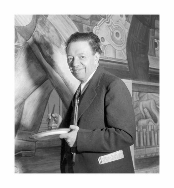 Diego Rivera while working on the north wall of his Detroit Industry Murals at the DIA, 1933 (Detroit Institute of Arts)