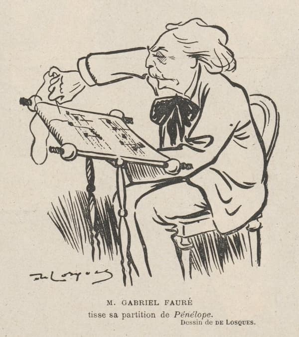 Daniel de Loscques: 'Gabriel Fauré tisse sa partition de Pénélope'. 'Gabriel Fauré weaves his score of Pénélope', 1913 (Le Rire, Gallica: bpt6k6246463j_10)