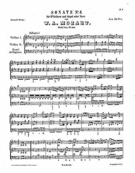 Mozart's Church Sonata No. 4 in D Major, K. 144 music score excerpt