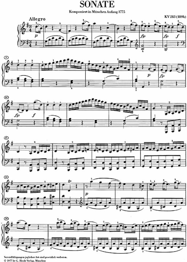 Mozart's Piano Sonata No. 5 in G major, K. 283 music score excerpt