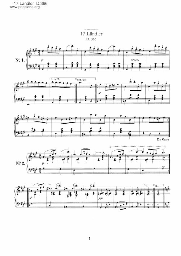 Schubert's Ländler D. 366 music score