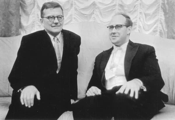 Shostakovich and Mstislav Rostropovich in the Blue room of the Great Hall of the Leningrad Philharmonic after the premiere of the First Cello Concerto. 4 October 1959. Credit: Dmitri Shostakovich: Pages of His Life in Photographs