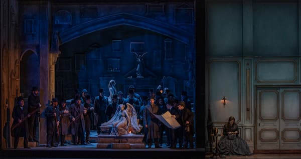 Lucia di Lammermoor, Act I, scene I: Searching for Edgardo (left), Lucia reading Edgardo’s letter (right), 2025 (GNO) (Photo by A. Simopoulos)