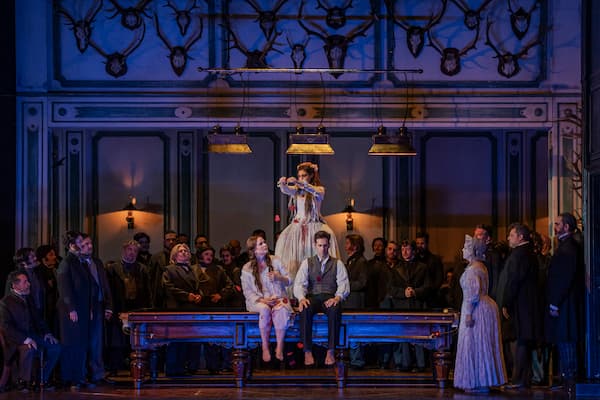 Lucia di Lammermoor, Act II, scene 2: Edgardo as a ghost (note feet), with the First Ghost behind them, and the second ghost to the right, 2025 (GNO) (Photo by A. Simopoulos)