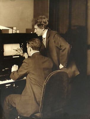 Percy Grainger and W. Creary Woods editing a Duo-Art Music Roll, New York, c. 1915