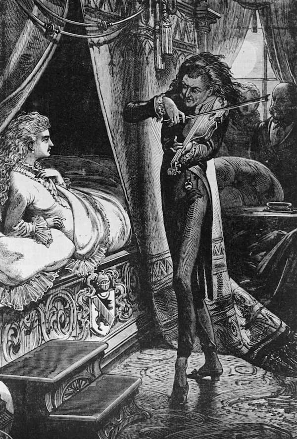 Niccolo Paganini shown spellbinding a young English lady with his music, in an etching from 1900