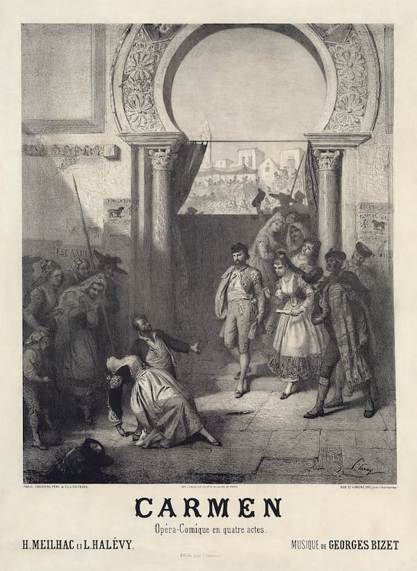 1875 lithographic poster for the première of Georges Bizet's Carmen, Published by Choudens Pére et Fils and Imp. Lemercier et Cie.