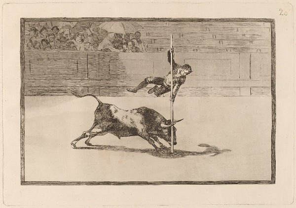 Goya: La Tauromaquia: Νο. 20: Ligereza y atrevimiento de Juanito Apiñani en la de Madrid ("Lightness and boldness of Juanito Apiñani in Madrid's ("plaza")), 1816 (Washington, DC: National Gallery of Art)