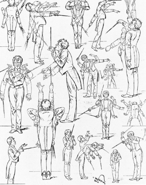 Caricature of Mahler conducting