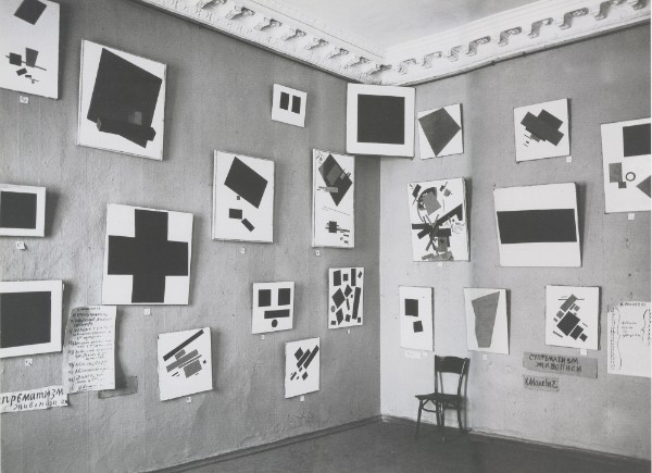 Suprematist works by Malevich at The Last Futurist Exhibition 0,10 Exhibition, Saint Petersburg, 1915