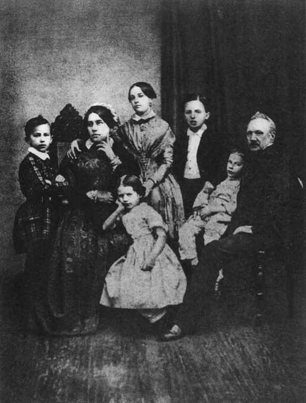 The Tchaikovsky family in 1848 (from left to right: Pyotr Tchaikovsky, his mother Alexandra Andreyevna, his brothers and sisters, and his father Ilya Petrovich)