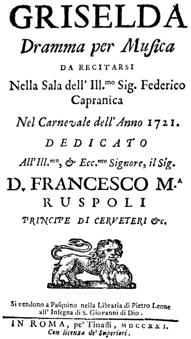 Alessandro Scarlatti's Griselda - title page of the libretto