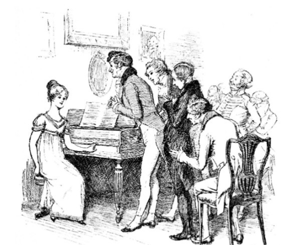 Jane Austen: Pride and Prejudice, Elizabeth at the piano, illustration by George Allen, 1894, chapter 6