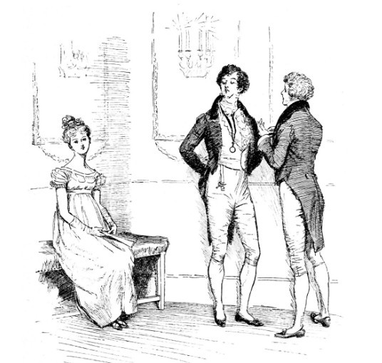 Jane Austen: Pride and Prejudice, Mr Darcy disdains Elizabeth to Mr Bingley, illustration by George Allen, 1894, chapter 3