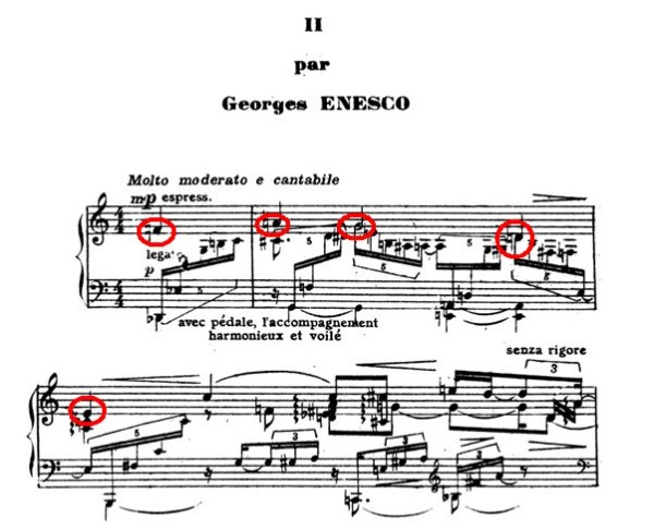 Enescu opening:Pièce sur le nom de Fauré with the name pitches circled