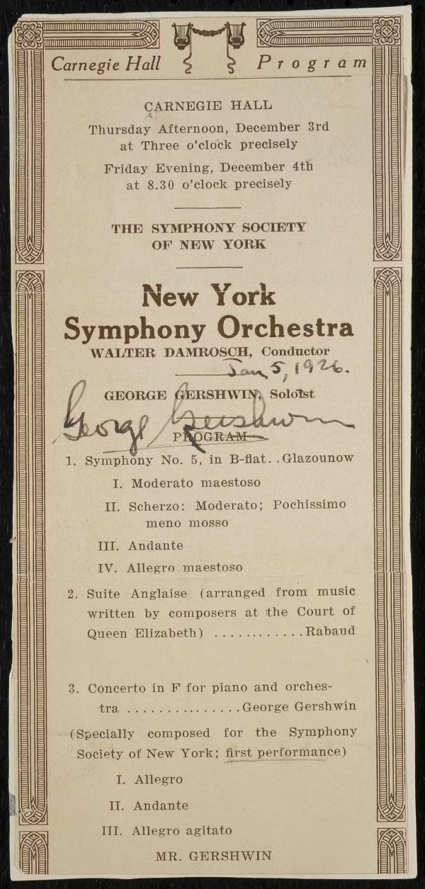 Carnegie Hall program of Gershwin's Concerto in F premiere