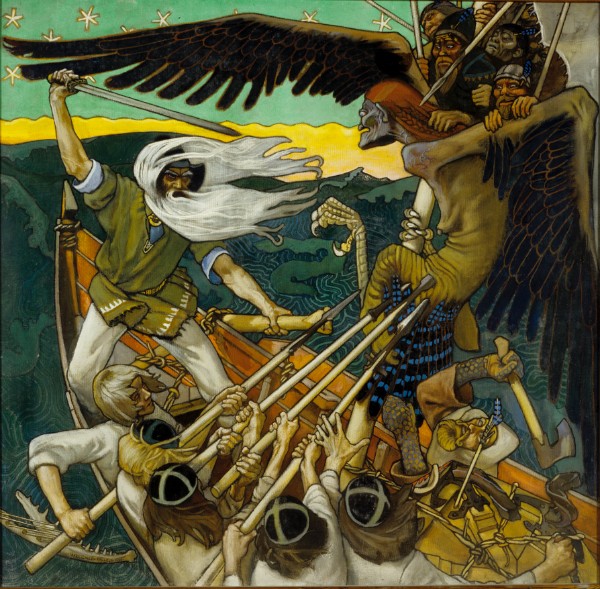 Mistress of the North, Louhi attacking Väinämöinen in the form of a giant eagle with her troops on her back. (The Defense of the Sampo, Akseli Gallen-Kallela, 1896)