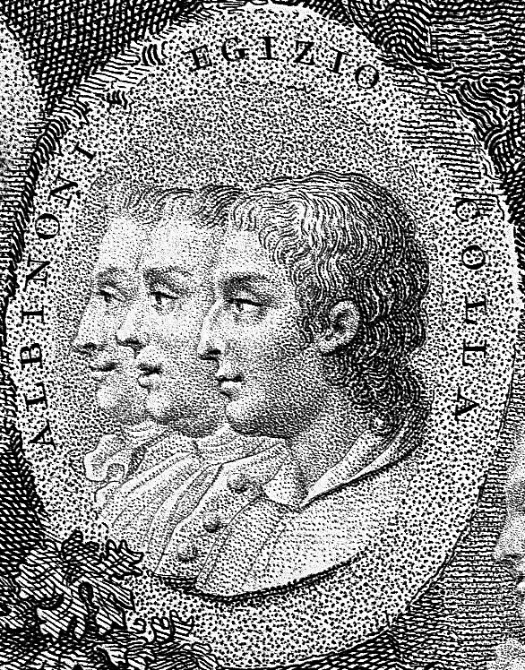 Engraving of Italian composers Tomaso Albinoni, Domenico Gizzi (Egizio) and Giuseppe Colla by Pietro Bettelini, after a drawing by Luigi Scotti