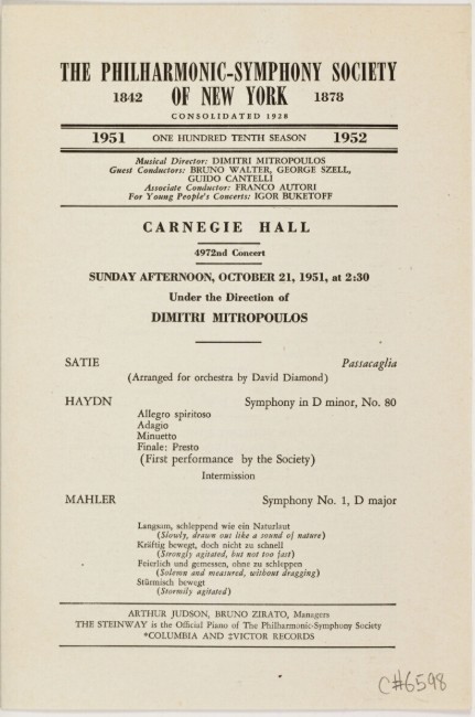 The Philharmonic-Symphony Concert Program for 21 October 1951 (New York Philharmonic Archives)