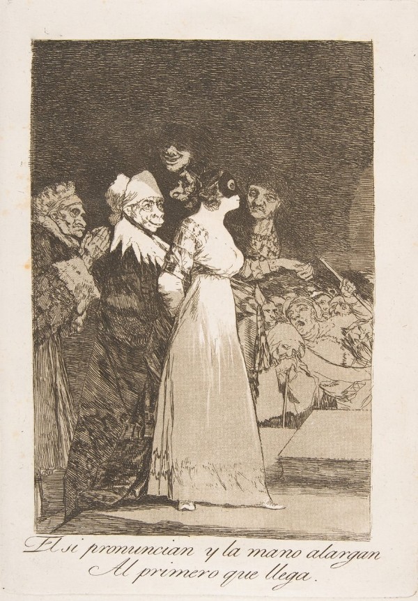 Goya: Los Caprichos, No. 2: El si pronuncian y la mano alargen Al primero que llega. - Sie geben das Jawort und reichen die Hand dem, der zuerst kommt