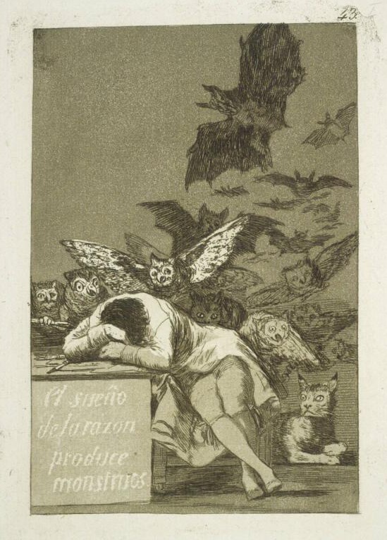 Goya: Los Caprichos, No. 43. El sueño de la razón produce monstruos. - Der Schlaf der Vernunft gebiert Ungeheuer