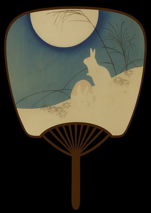 Hiroshige: 2 rabbits, pampas grass and full moon