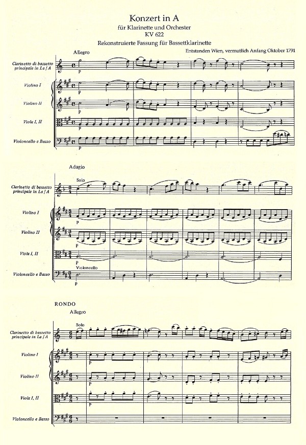 Mozart's Clarinet Concerto, KV 622 music score