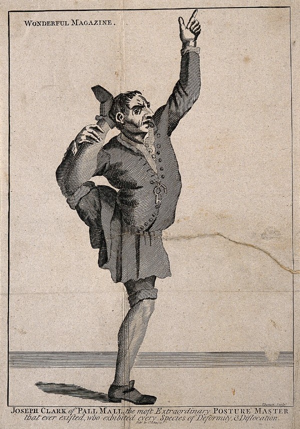 Thornton (engraver): Joseph Clark of Pall Mall, the most extraordinary posture master that ever existed, who exhibited every species of deformity, & dislocation, 1786 (London: Wellcome Collection)