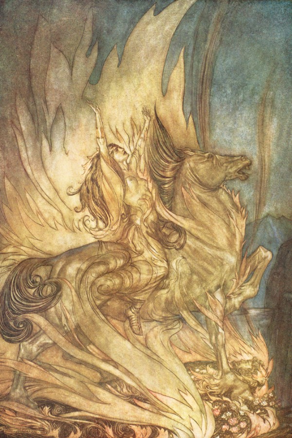 Rackham: The End of Everything: Brünnhilde and Grane leap onto Siegfried’s Funeral Pyre