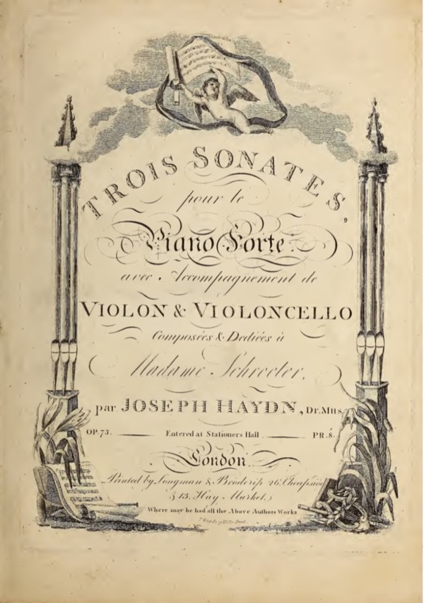 Title page of Haydn's Trois Sonates pour le Piano Forte, Op. 73, dedicated to Madame Schroeter (London)