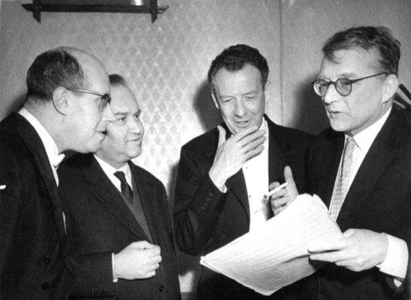 Dmitri Shostakovich (right) and Benjamin Britten examining a score, 1963