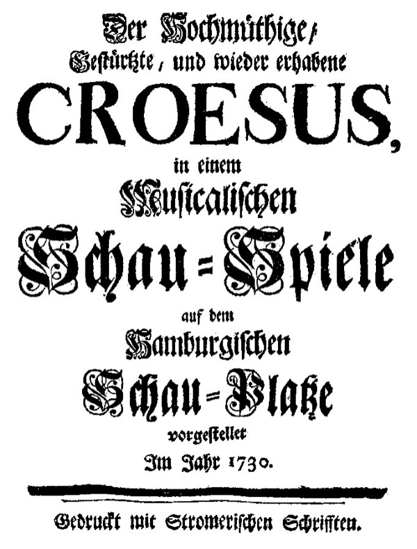 Title page of the lyrics from the 1730 revised edition of Keiser's Croesus.