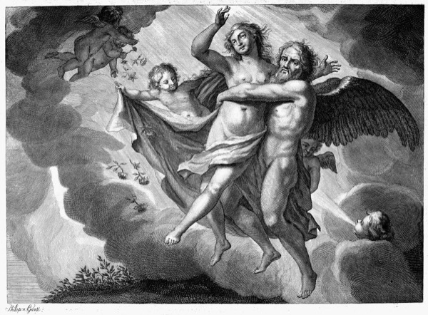 An 18th-century copper engraving of the abduction of Orithyia by Boreas, an allegory of spring foliage blighted by northerly winds