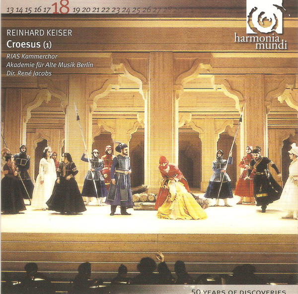 Cover of the 1999 recording of Croesus conducted by René Jacobs, featuring a production still from the Berlin State Opera (Staatsoper Unter den Linden).