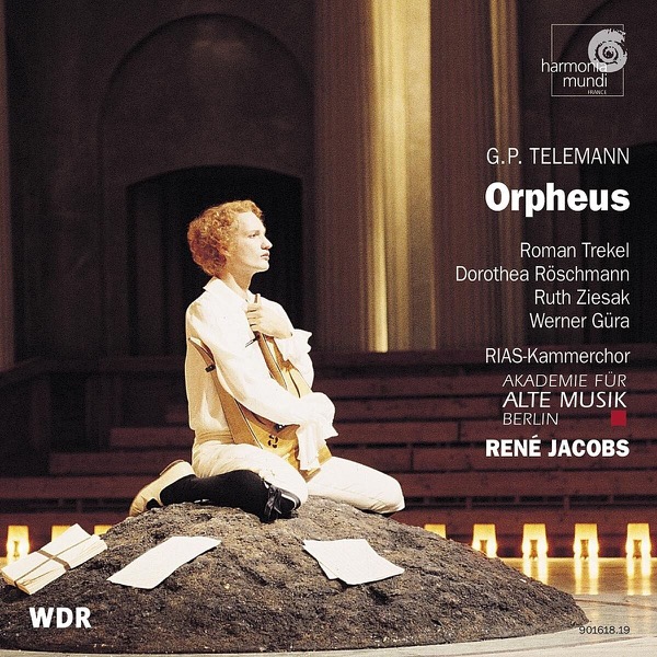 Cover of the landmark recording of Orpheus conducted by René Jacobs, featuring a production still from the 1994 performance at the Berlin State Opera