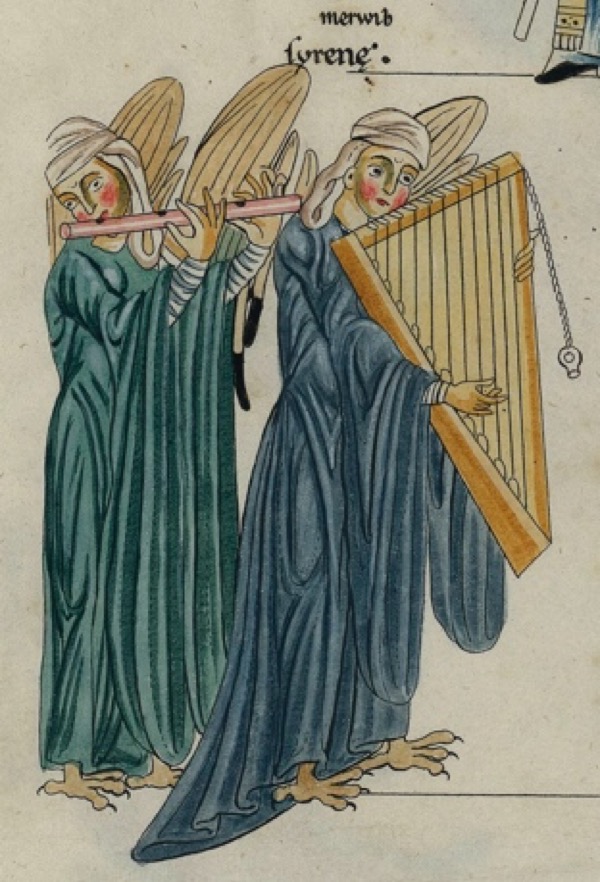 An early European depiction of the transverse flute with Rotte (Germanic lyre), in Hortus Deliciarum (circa 1180). Image via Wikimedia Commons