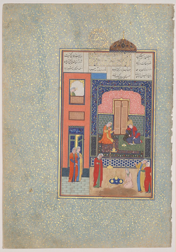 Bahram Gur in the Red Palace on Tuesday, Folio 220 from a Khamsa (Quintet) of Nizami of Ganja, 1524–1525 (Metropolitan Museum, 13.228.7.11)