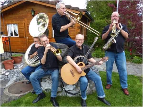 The Dixie-Ramblers.CH with Werni Braun, sousaphone; Miro Steiner, trombone, vocals; Ivan Kubias, trumpet, vocals; Heinz Glauser, banjo, guitar; and Danny Hausherr, reeds, piano, vocals