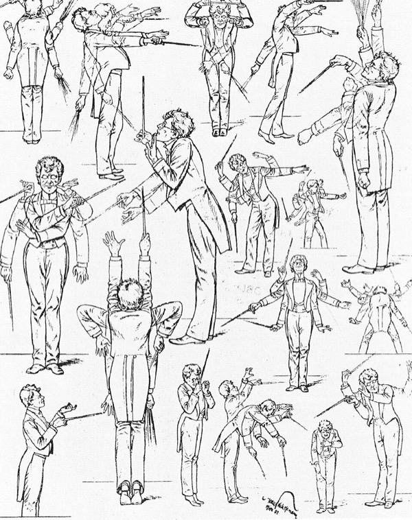 Hans Schließmann: Caricature of Mahler's conducting style at the Vienna State Opera, 1901 (Fliegende Blätter)